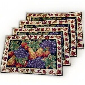 Vintage Set Of 4 Placemats Pear Grapes Garland Leaves Fruit Tapestry Fall *READ*